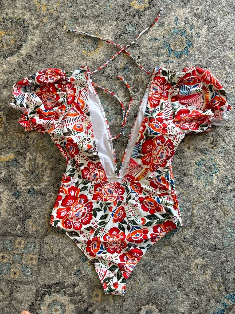 Kids Floral One-Piece Swimsuit in Red and White